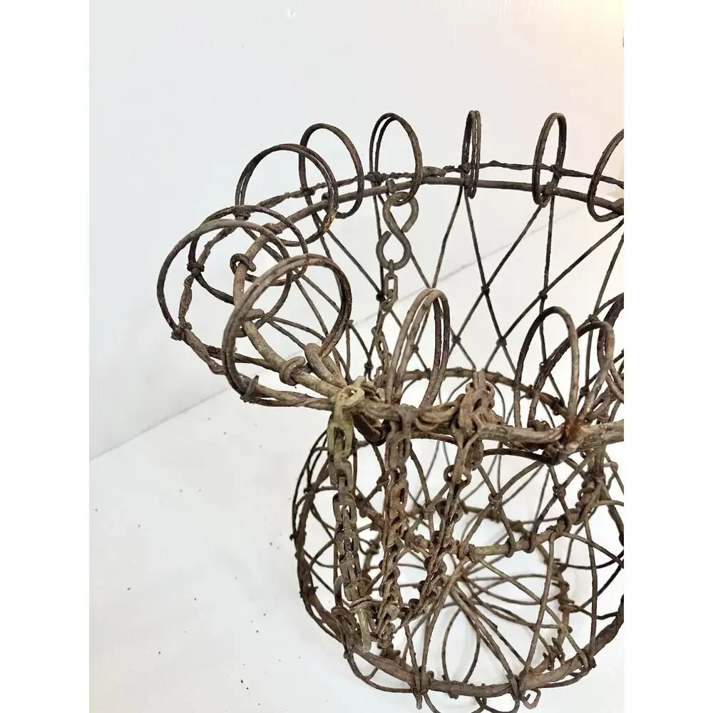 Antique French Twisted Metal Hanging Basket Curly Iron Wire Fluted Gracie Urn